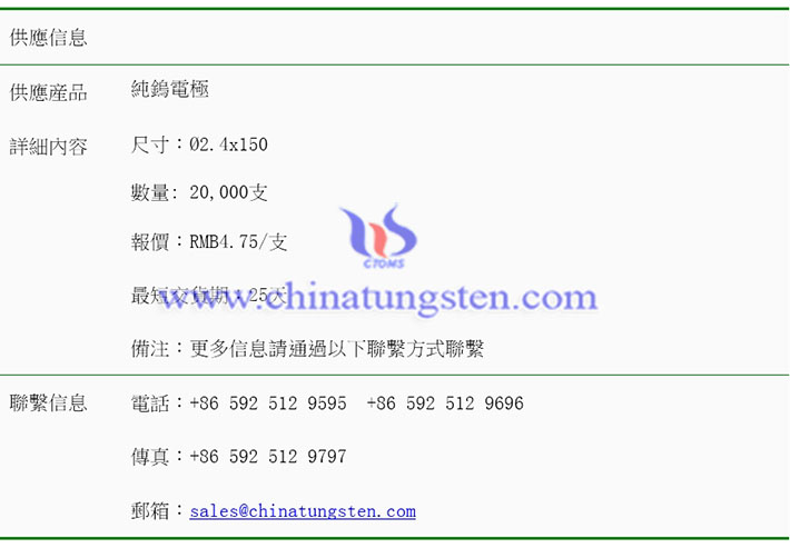 純鎢電極價格表圖片