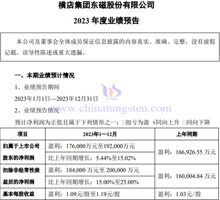 橫店東磁2023年淨利預增公告