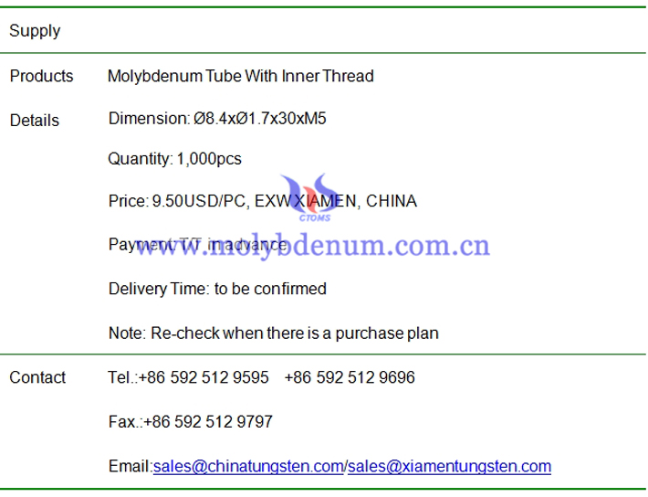 molybdenum tube with inner thread price image