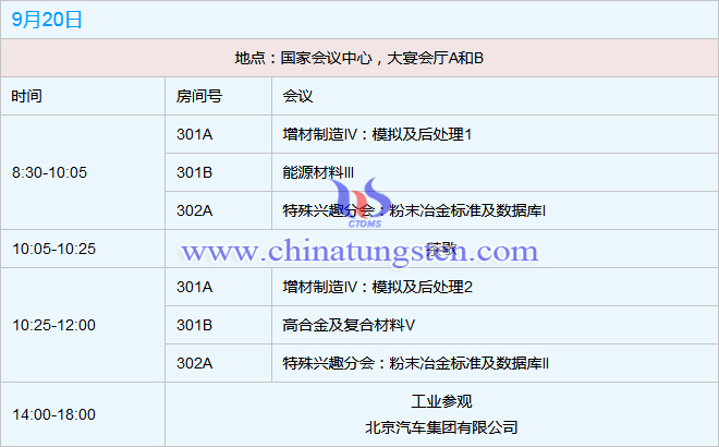 世界粉末冶金大會會議日程-2018年9月20日