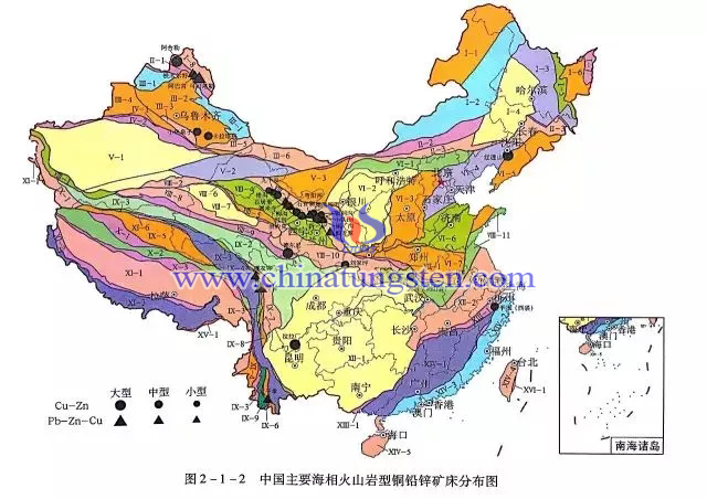 中國主要海相火山岩型銅鉛鋅礦床分佈圖