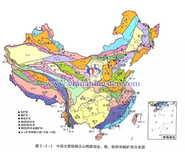 中國主要陸相火山熱液型金、銀、鉛鋅和銅礦床分佈圖