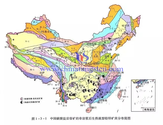 中國碳酸鹽岩容礦的非岩漿後生熱液型鉛鋅礦床分佈簡圖