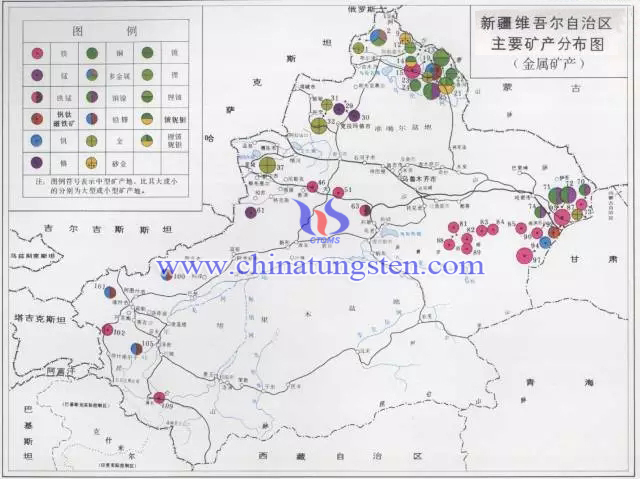 新疆維吾爾自治區主要礦產分佈圖-金屬礦產