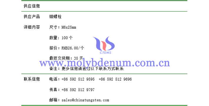 钼螺栓价格表图片