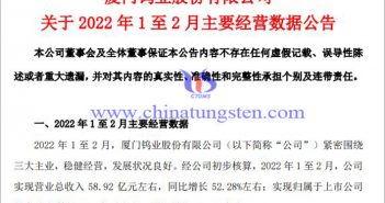 厦门钨业2022年1至2月营收数据图片