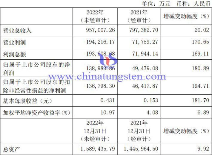 金钼股份2022年业绩快报公告