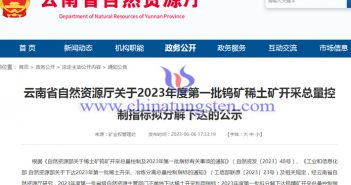 云南2023年第一批钨矿稀土矿开采总量控制指标分解公告