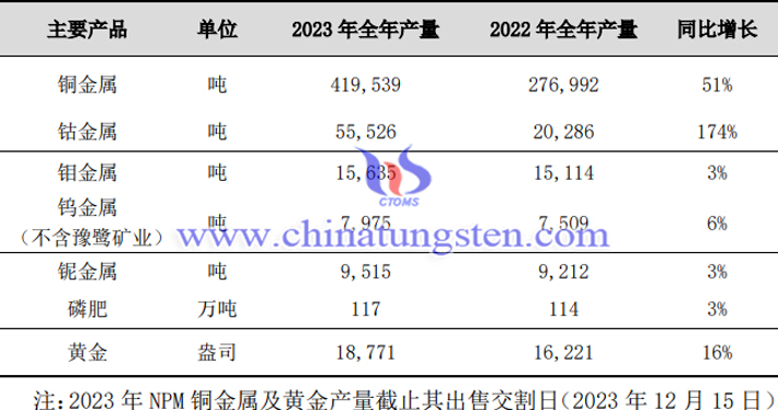 2023年洛阳钼业主要产品产量表